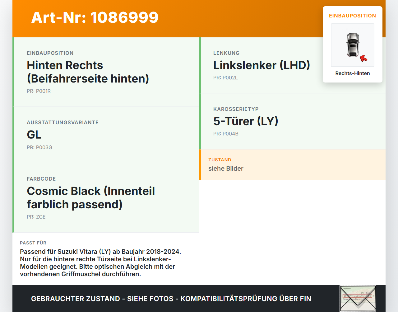 Suzuki Vitara LY 18-24 Griff Griffmuschel Türgriff Innen Rechts Hinten Suzuki Vitara LY 18-24 18.07.2019 gebraucht Vorschau 3
