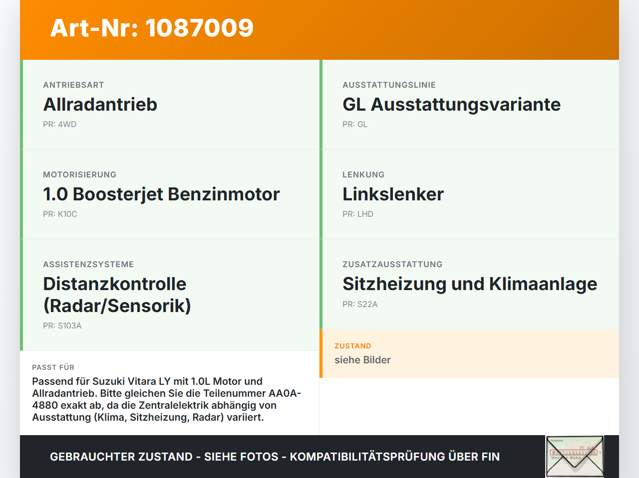 Suzuki Vitara LY 18-24 1,0 82KW Sicherungskasten Zentralelektrik Suzuki Vitara LY 18-24 18.07.2019 AA0A-4880 gebraucht Vorschau 3