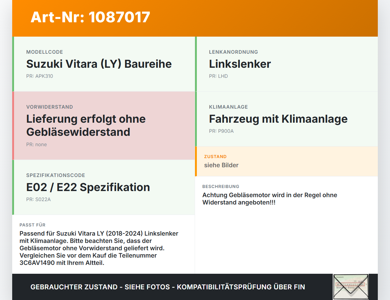 Suzuki Vitara LY 18-24 Gebläsemotor Lüftermotor Heizungsgebläse Suzuki Vitara LY 18-24 18.07.2019 3C6AV1490 gebraucht Vorschau 3