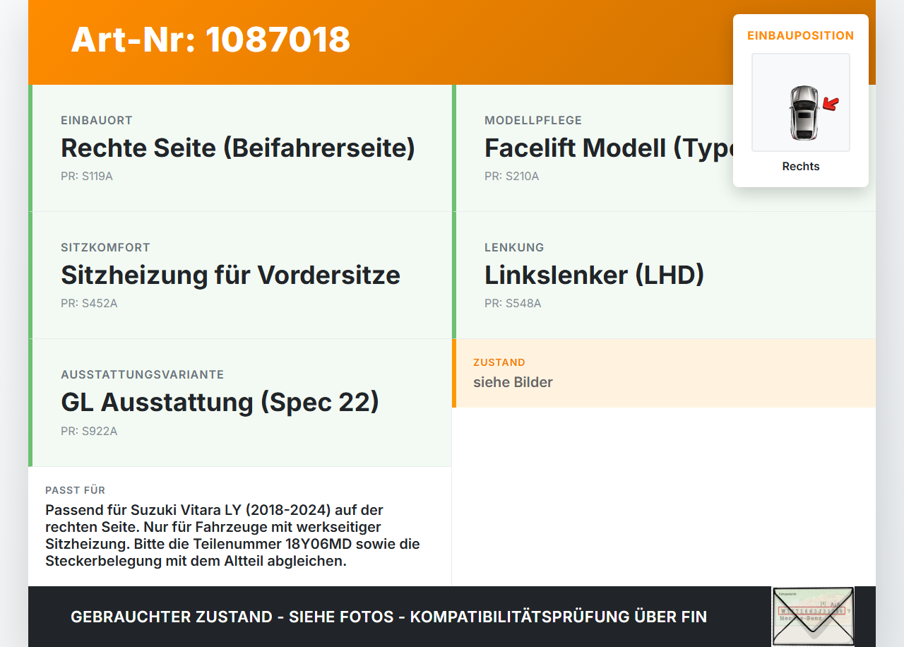 Suzuki Vitara LY 18-24 Schalter Regler für Sitzheizung Rechts Suzuki Vitara LY 18-24 18.07.2019 18Y06MD gebraucht Vorschau 3
