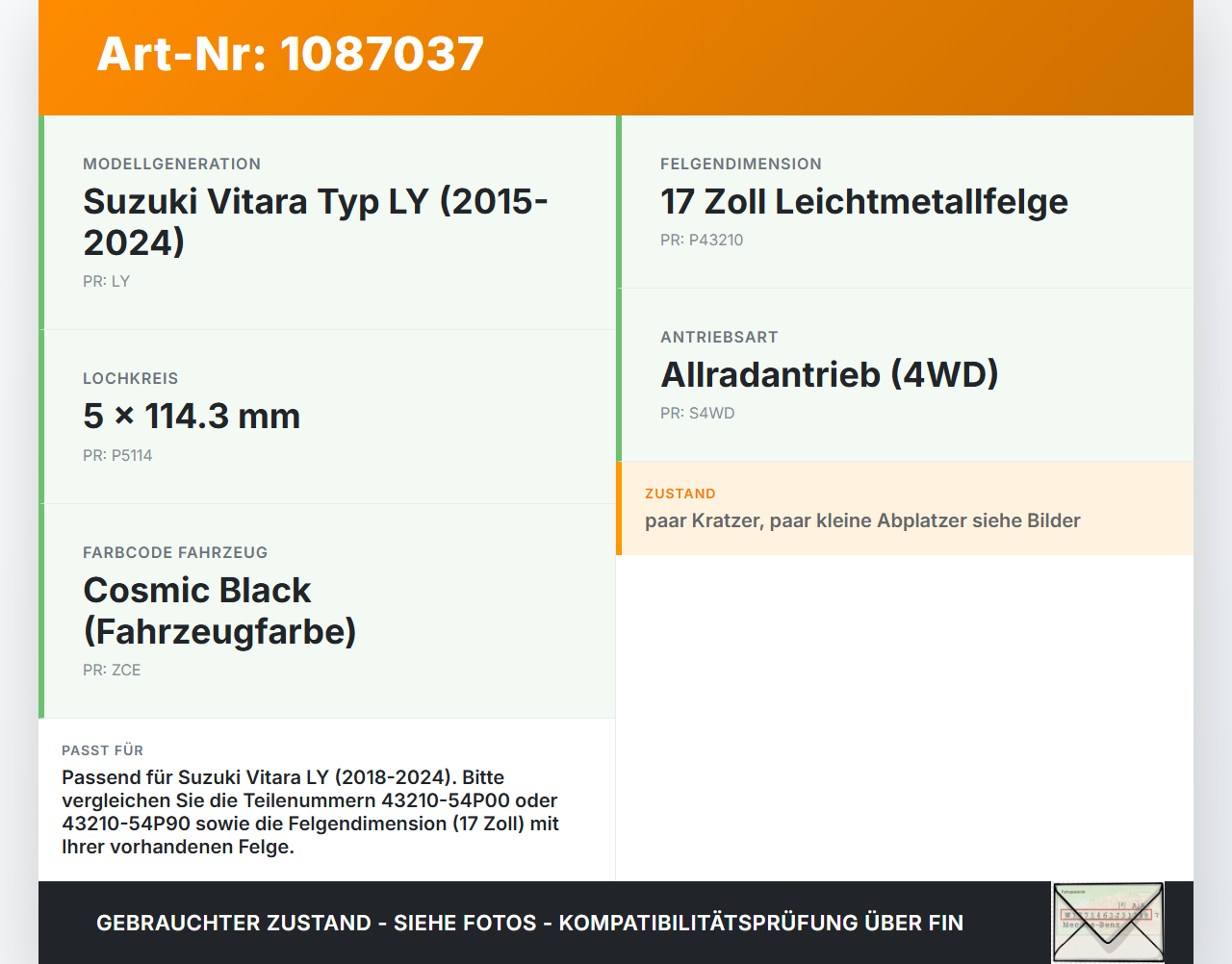 Suzuki Vitara LY 18-24 1 x Felge Aluminiumfelge 17 Zoll 5X114.3 Suzuki Vitara LY 18-24 18.07.2019... Vorschau 3