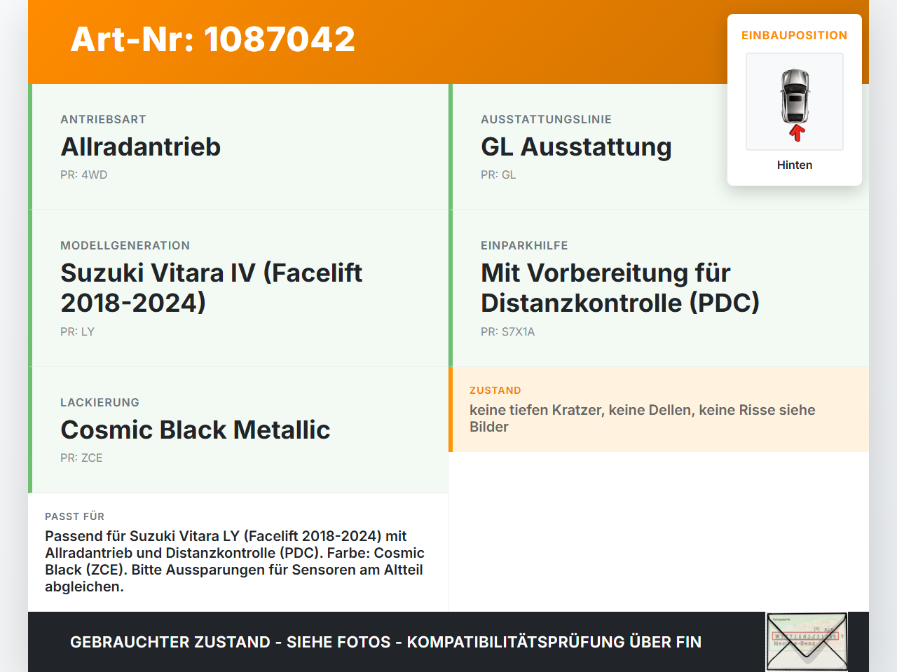 Suzuki Vitara LY 18-24 Stoßstange Stoßfänger Heckstosstange Hinten ZCE Suzuki Vitara LY 18-24 18.07.2019 gebraucht Vorschau 3