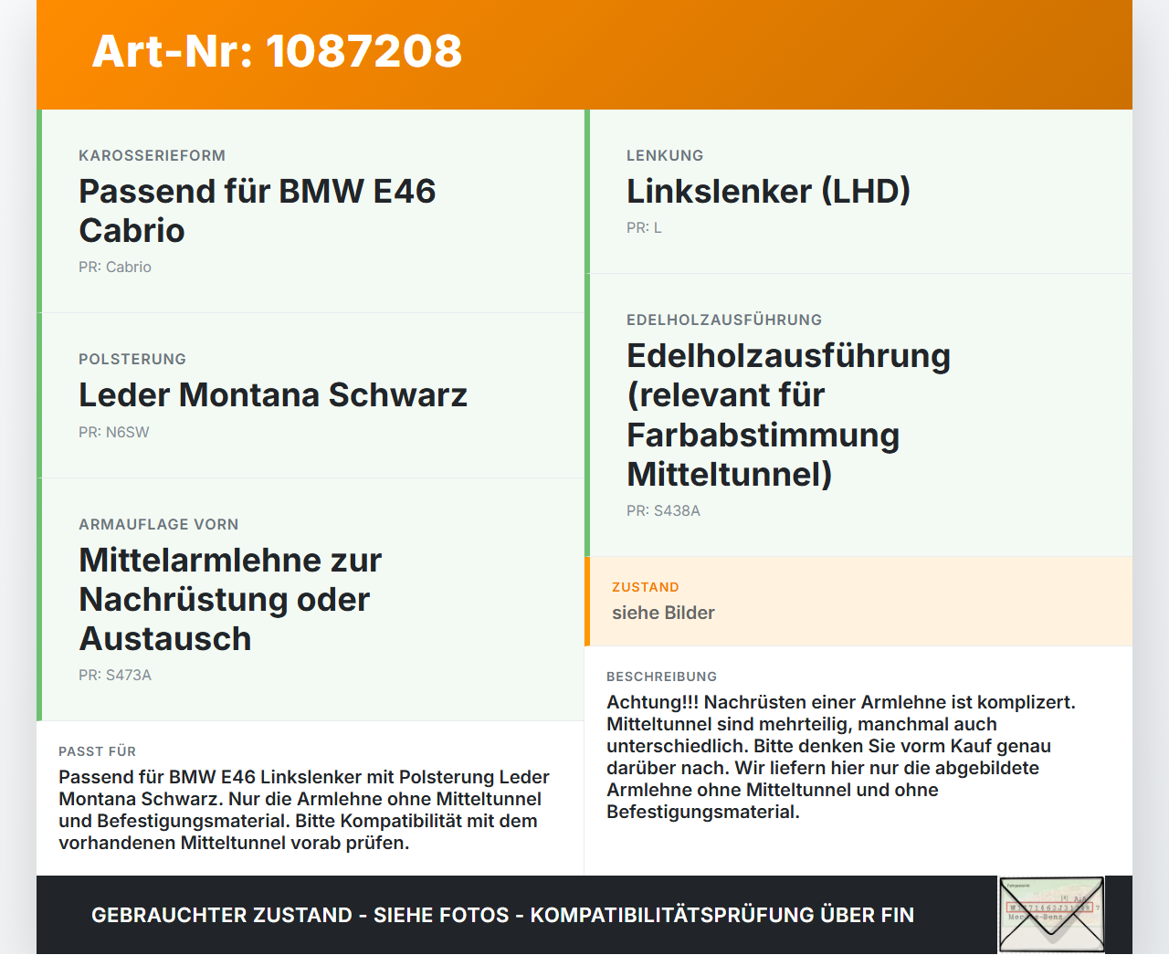 BMW 318Ci E46 00-03 Mittelarmlehne Armlehne Leder Schwarz Lederarmlehne BMW 318Ci E46 00-03 25.02.2002 gebraucht Vorschau 3
