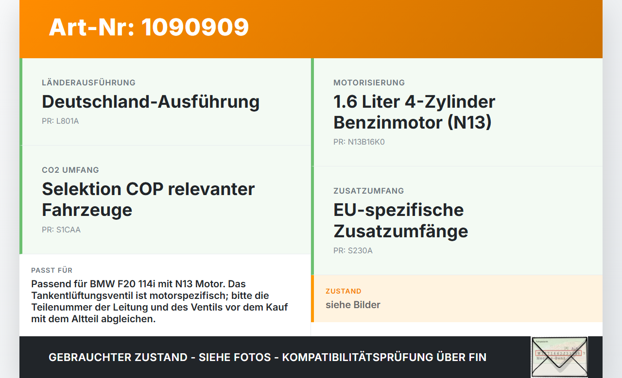 BMW 114i F20 11-15 1,6 75KW Tankentlüftungsventil Ventil BMW 114i F20 11-15 11.03.2013 7609520 13907609520 gebraucht Vorschau 3