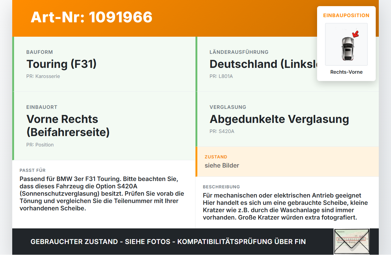 BMW 320d F31 12-15 Kombi RVK Seitenscheibe für Tür Türscheibe Rechts Vorne BMW 320d F31 12-15 21.12.2012 7259826... Vorschau 3