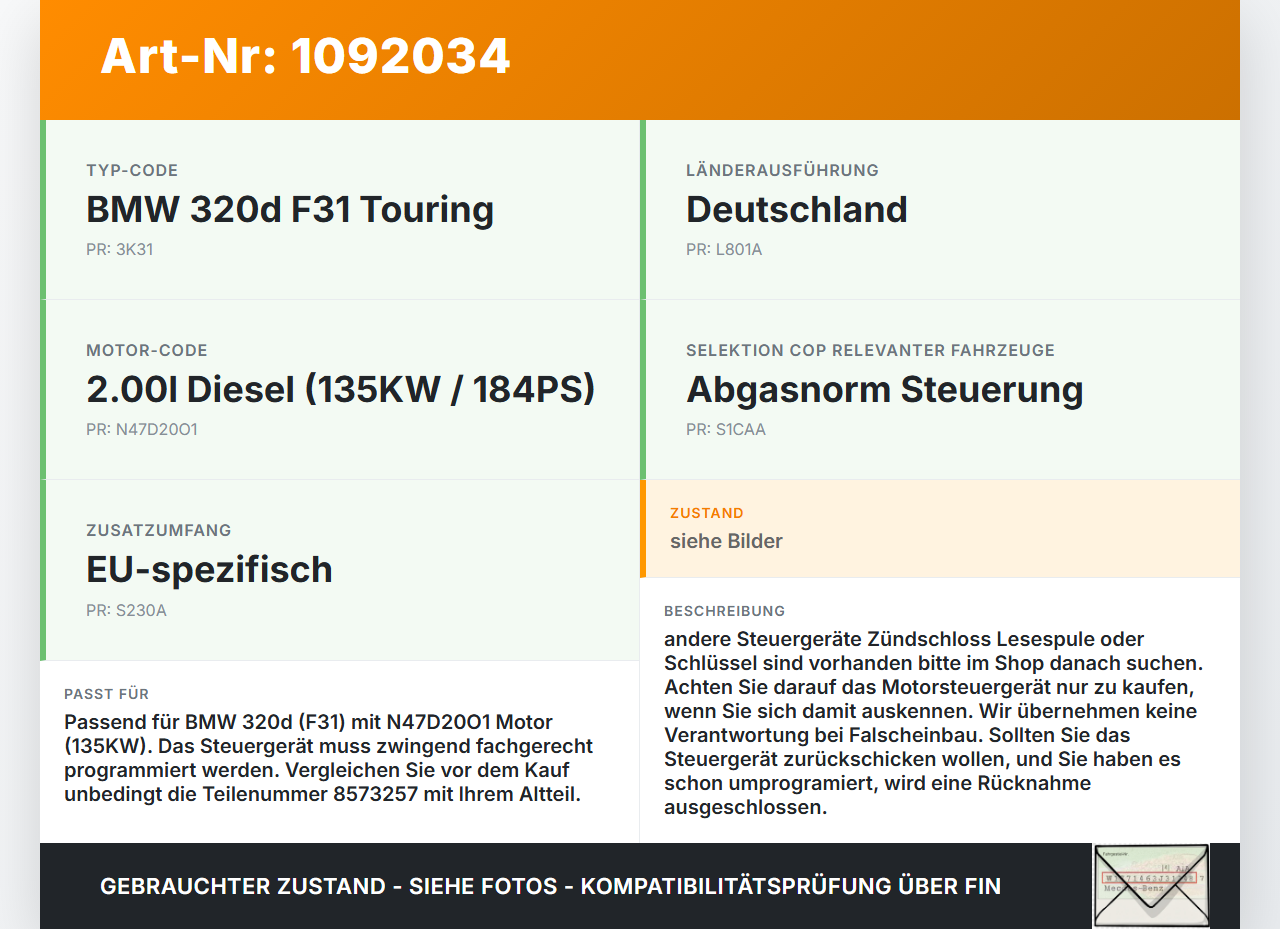 BMW 320d F31 12-15 2,0d 135KW Steuergerät ECU für Motor Motorsteuergerät BMW 320d F31 12-15 21.12.2012 8576333... Vorschau 3
