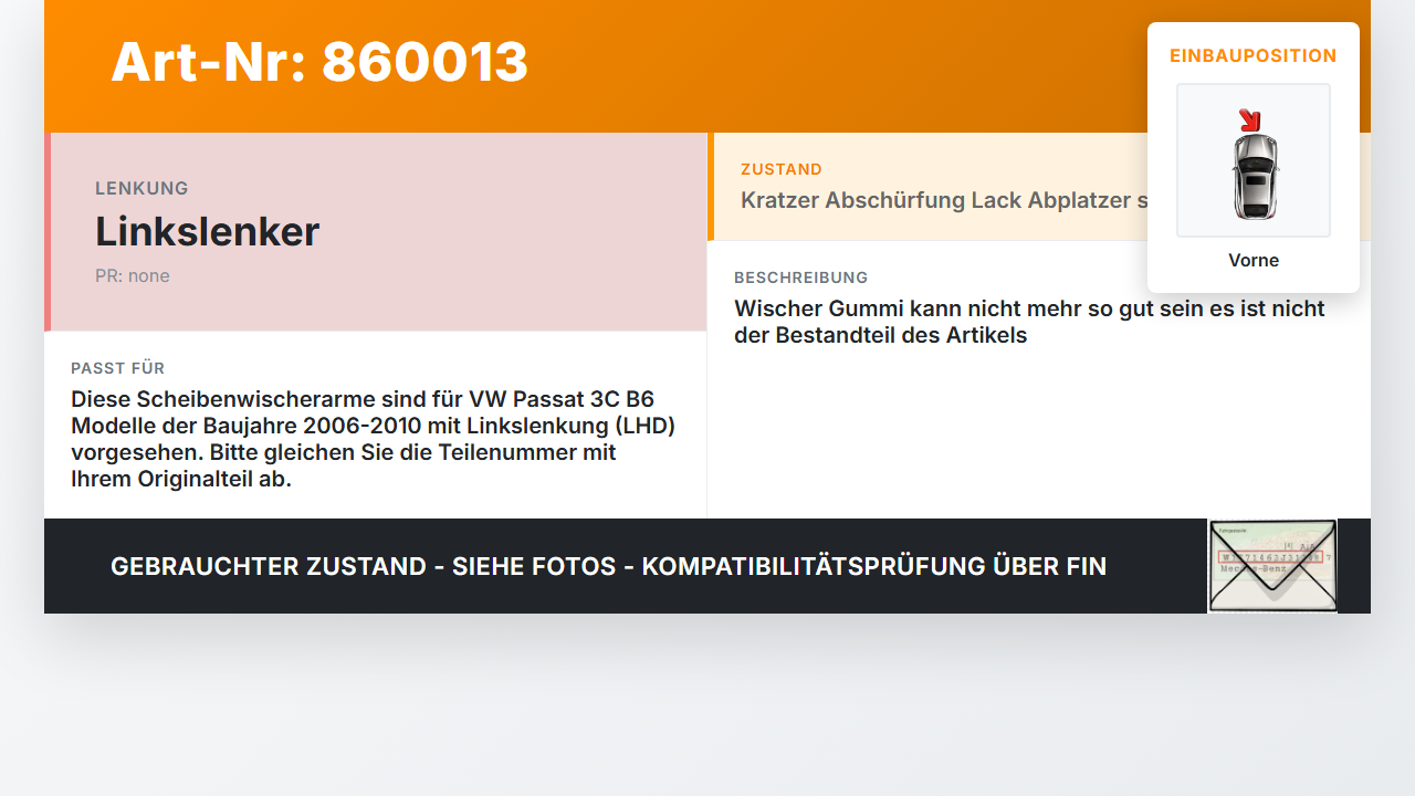 VW Passat 3C B6 06-10 2x Scheibenwischer Wischarm Vorne VW Passat 3C B6 06-10 07.07.2008 3C1955409C gebraucht Vorschau 3
