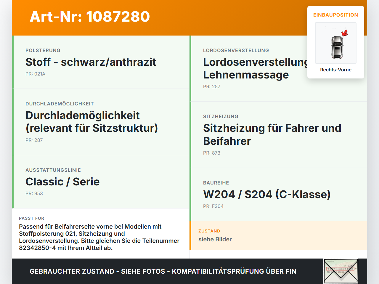 Mercedes S204 W204 11-15  Kombi Sitzbezug Rückenpolster Rechts Vorne für Beifahrer Sitz Mercedes S204 W204 11-15... Vorschau 3