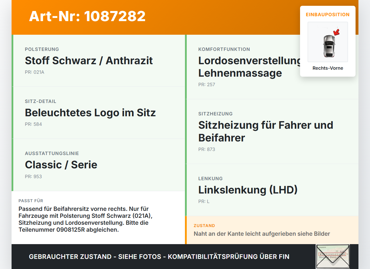 Mercedes S204 W204 11-15  Kombi Sitzbezug Sitzpolster für Beifahrersitz Rechts Vorne Mercedes S204 W204 11-15... Vorschau 3