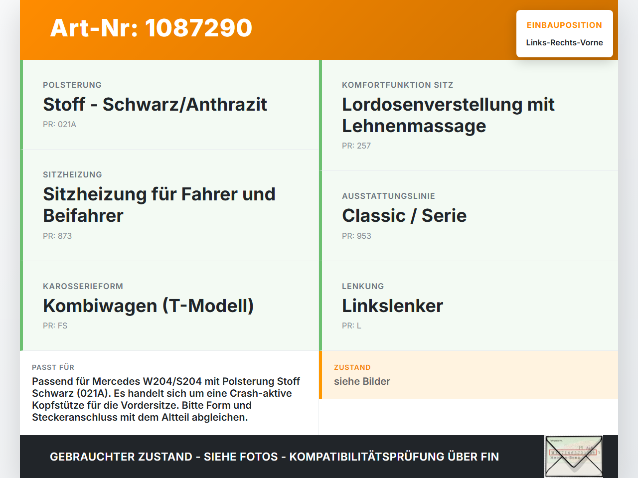 Mercedes S204 W204 11-15  Kombi Kopfstütze für Beifahrer Sitz Rechts oder Links Vorne Crash Aktiv Mercedes S204... Vorschau 3