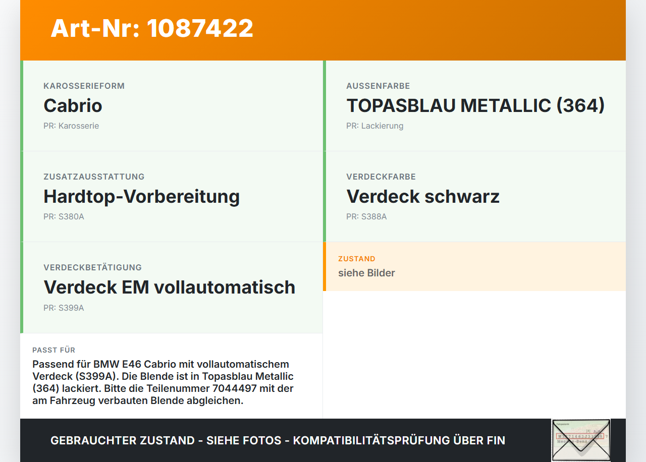 BMW 318Ci E46 00-03 Cabrio Blende Aussen Abdeckung für Verdeck Klappe Verdeckhülle Kasten BMW 318Ci E46 00-03... Vorschau 3