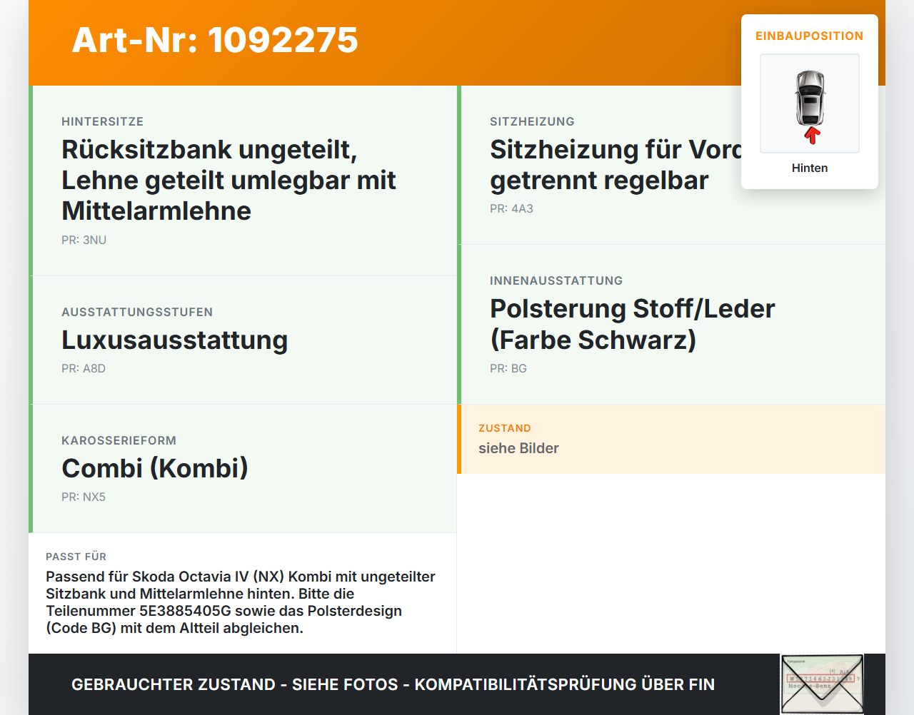 Skoda Octavia IV NX 20-24 Kombi Sitzbezug Sitzpolster für Rücksitzbank Hinten Skoda Octavia IV NX 20-24 26.04.2021... Vorschau 3