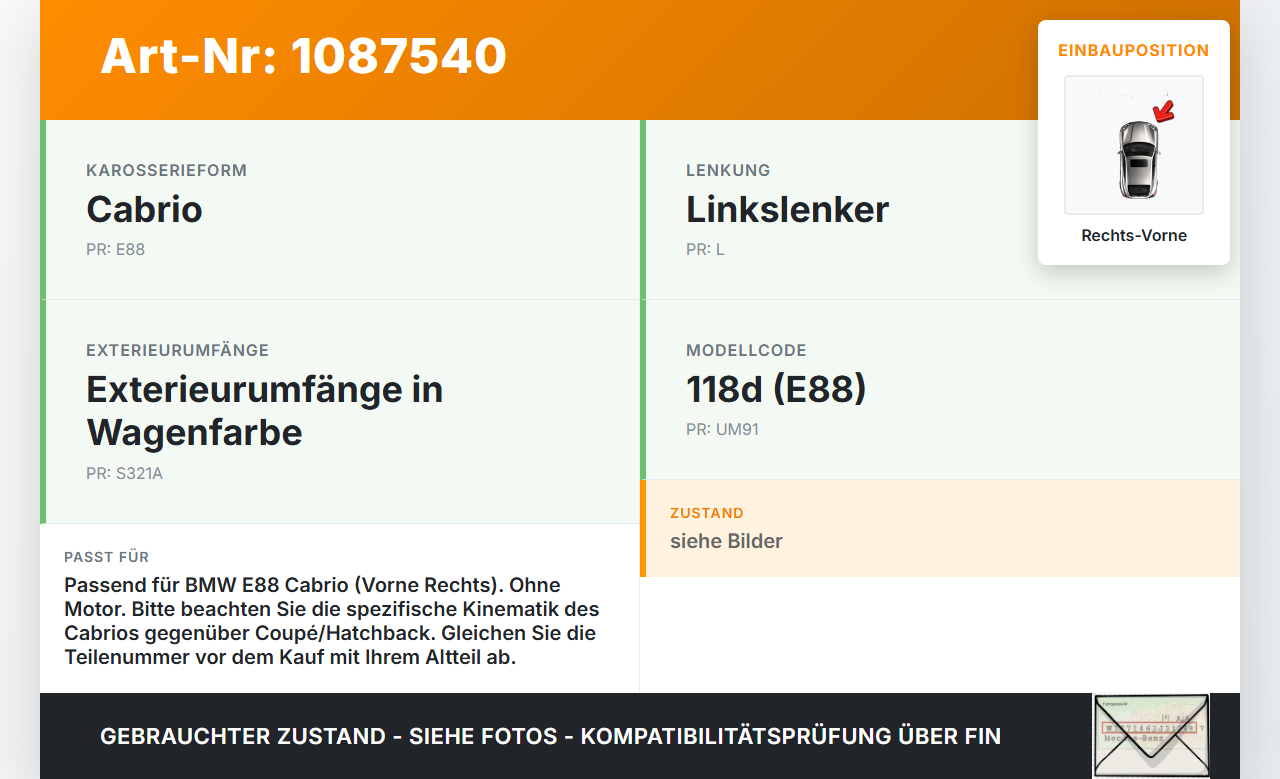 BMW E88 120d LCI 08-11 Cabrio Fensterheber o. FH-Motor Rechts Vorne BMW E88 120d LCI 08-11 11.03.2010 gebraucht Vorschau 3