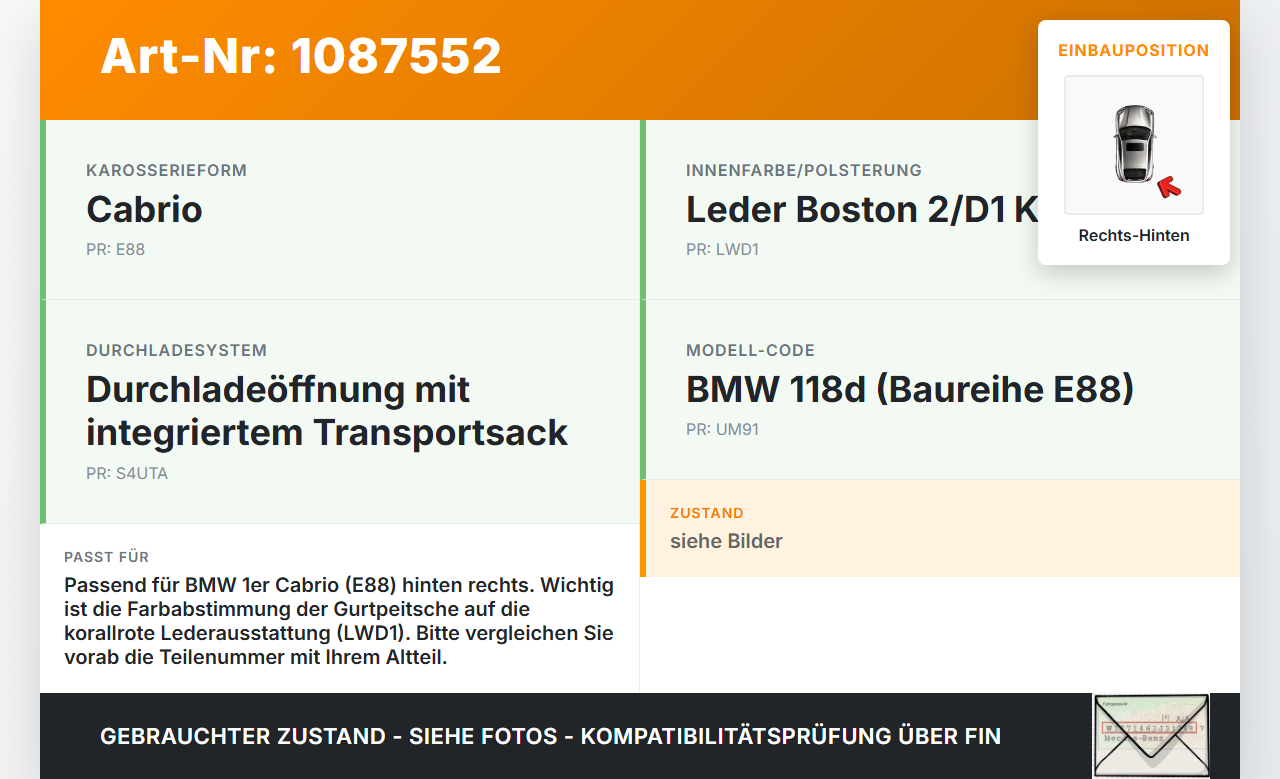 BMW E88 120d LCI 08-11 Cabrio Gurtschloss Sicherheitsgurt Hinten Rechts BMW E88 120d LCI 08-11 11.03.2010 gebraucht Vorschau 3