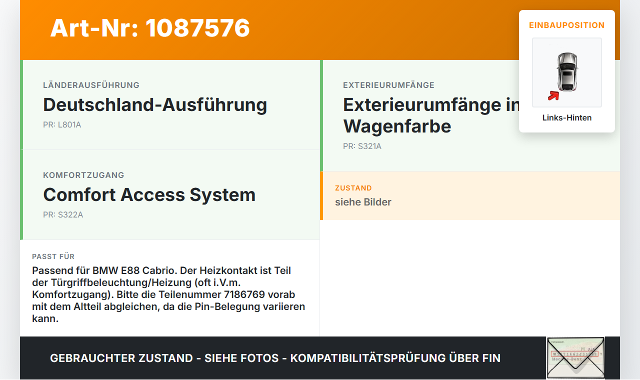 BMW E88 120d LCI 08-11 Cabrio Heizungs Kontakt für Türgriffheizung Türgriff Links Hinten BMW E88 120d LCI 08-11... Vorschau 3