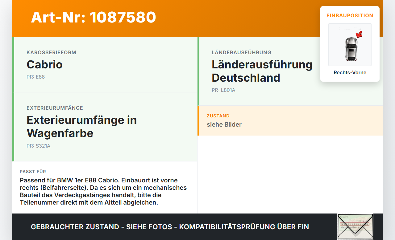 BMW E88 120d LCI 08-11 Cabrio Scharnier für Verdeck Rechts Vorne BMW E88 120d LCI 08-11 11.03.2010 gebraucht Vorschau 3