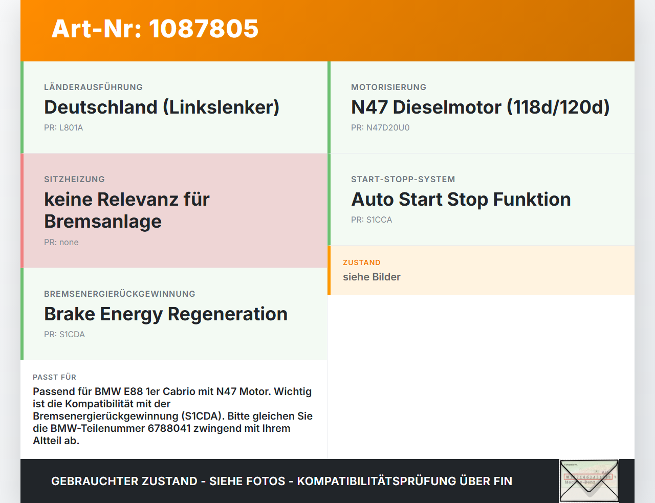 BMW E88 120d LCI 08-11 2,0d 105KW Bremskraftverstärker Bremsanlage BMW E88 120d LCI 08-11 11.03.2010 6788041... Vorschau 3