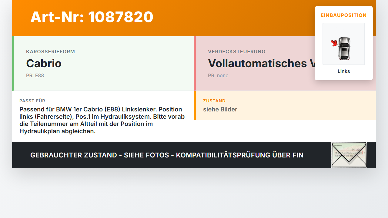 BMW E88 120d LCI 08-11 Cabrio Zylinder Hydraulikzylinder Hydraulik für Verdeck Links Pos.1 BMW E88 120d LCI 08-11... Vorschau 3