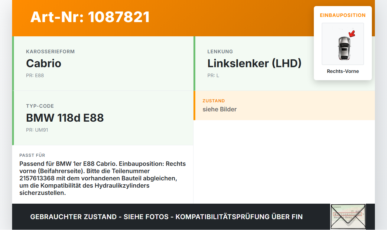 BMW E88 120d LCI 08-11 Cabrio Zylinder Hydraulikzylinder Hydraulik für Verdeck Rechts Vorne BMW E88 120d LCI 08-11... Vorschau 3