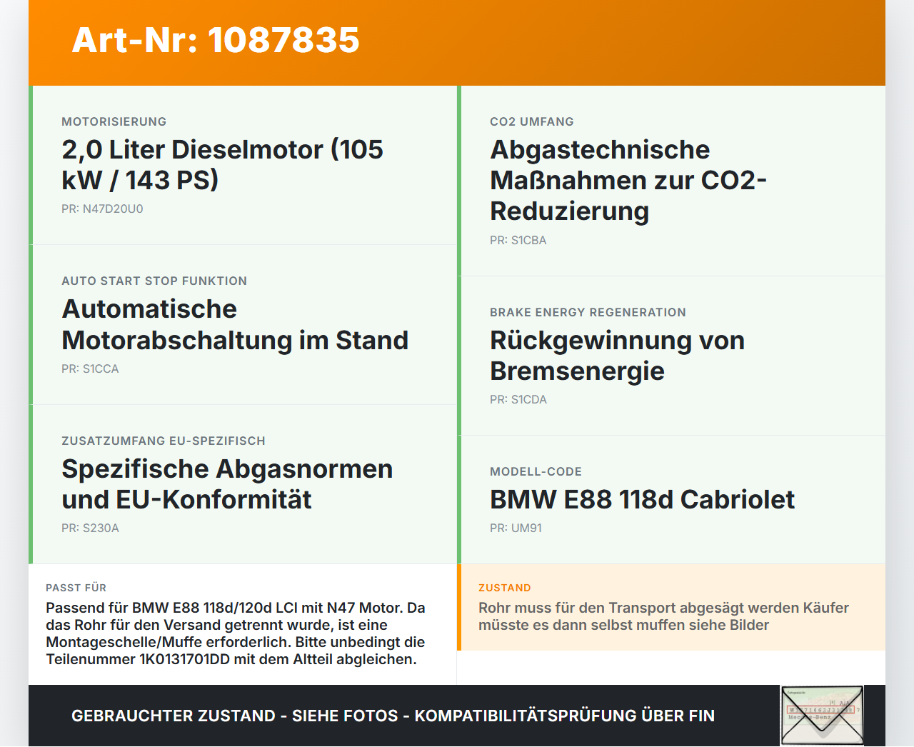 BMW E88 120d LCI 08-11 2,0d 105KW Katalysator Kat mit Flexrohr BMW E88 120d LCI 08-11 11.03.2010 J203016... Vorschau 3