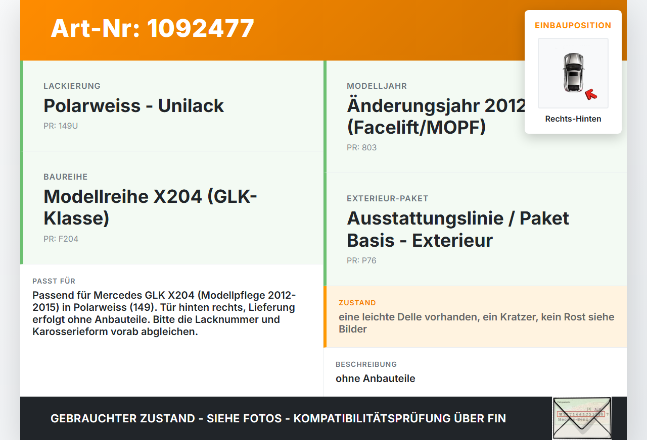 Mercedes GLK X204 12-15 Tür Rechts Hinten 149 Mercedes GLK X204 12-15 23.05.2013 A2047301400 gebraucht Vorschau 3