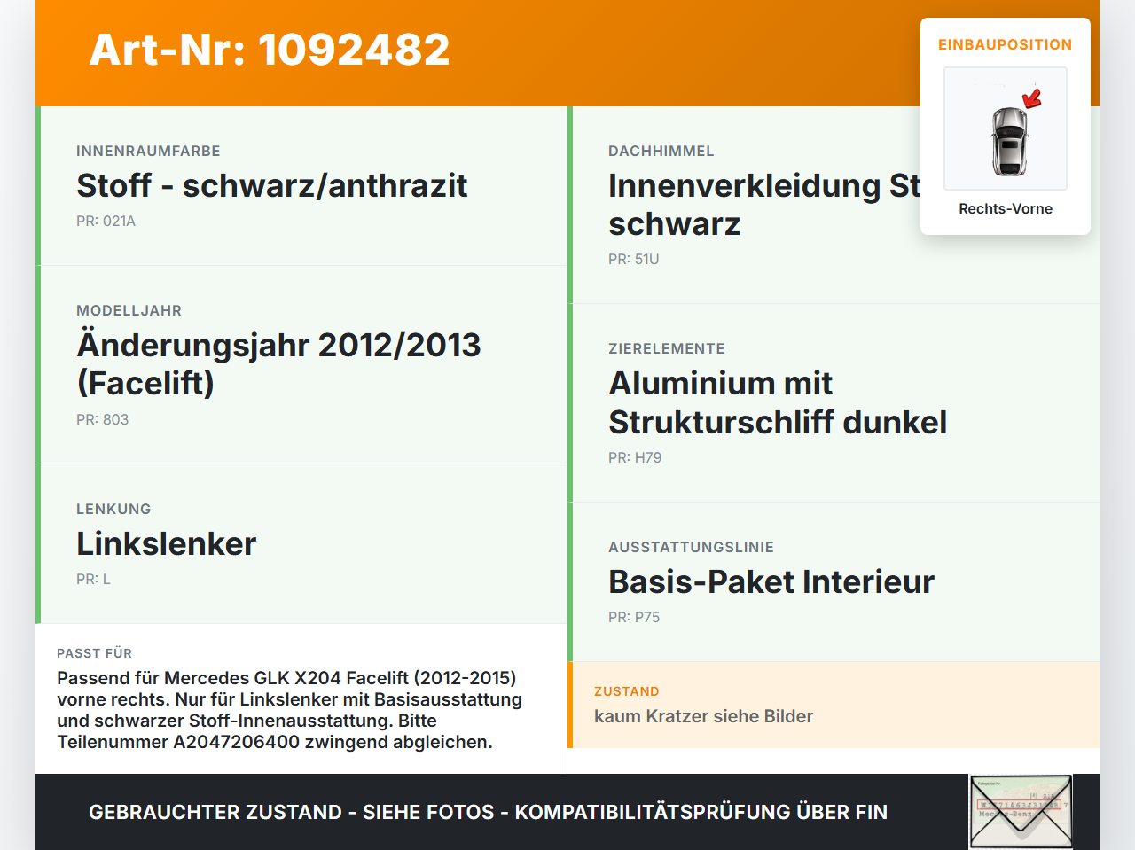 Mercedes GLK X204 12-15 Türverkleidung Türpappe Rechts Vorne Mercedes GLK X204 12-15 23.05.2013 A2047206400 gebraucht Vorschau 3