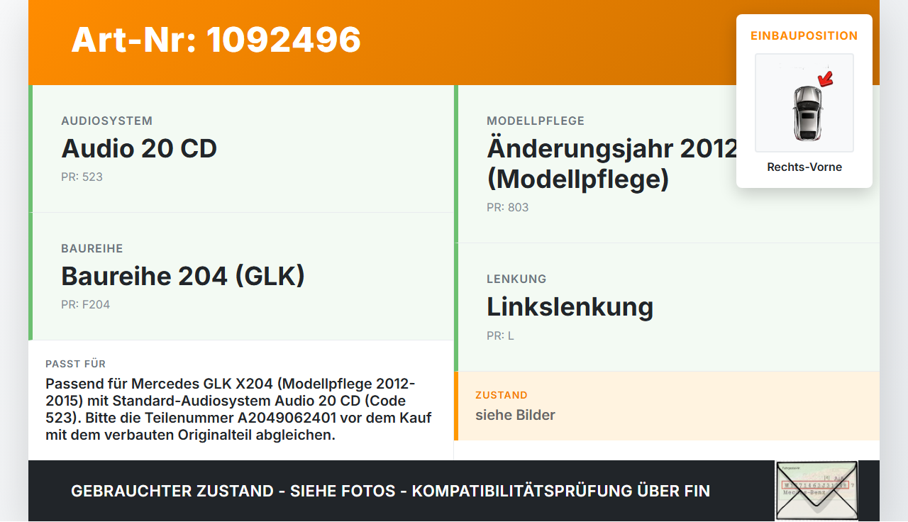 Mercedes GLK X204 12-15 Lautsprecher Rechts Vorne Mercedes GLK X204 12-15 23.05.2013 A2049062401 2049062401... Vorschau 3