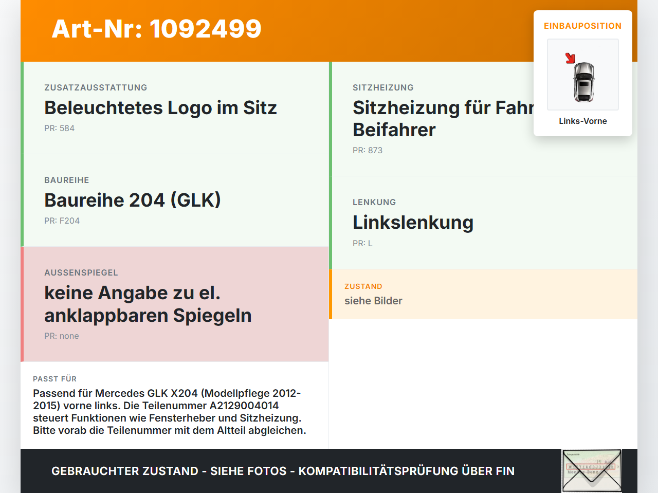 Mercedes GLK X204 12-15 Steuergerät SG Türsteuergerät Links Vorne Mercedes GLK X204 12-15 23.05.2013 A2129004014... Vorschau 3