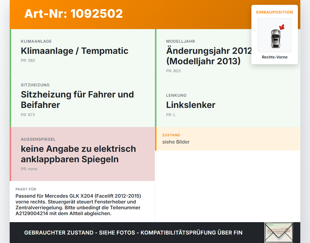 Mercedes GLK X204 12-15 Steuergerät Tür Rechts Vorne Mercedes GLK X204 12-15 23.05.2013 A2129004314 A2129004214... Vorschau 3
