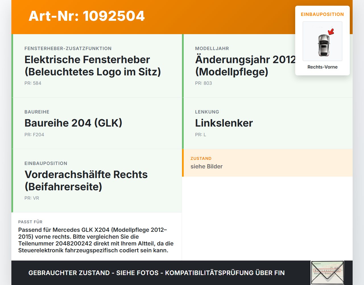 Mercedes GLK X204 12-15 Fensterhebermotor Rechts Vorne Mercedes GLK X204 12-15 23.05.2013 A2048200242 2048200242... Vorschau 3