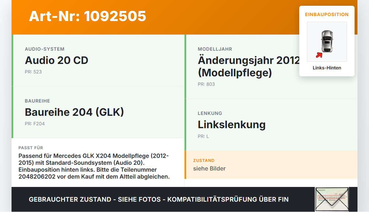 Mercedes GLK X204 12-15 Lautsprecher Links Hinten Mercedes GLK X204 12-15 23.05.2013 A2048206202 2048206202... Vorschau 3