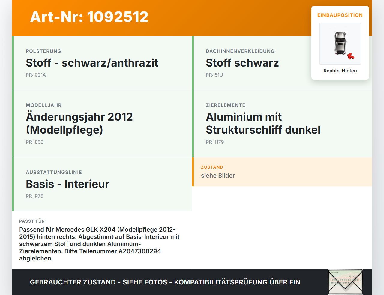 Mercedes GLK X204 12-15 Türleiste Armablage Rechts Hinten Innen für Türverkleidung 149 Mercedes GLK X204 12-15... Vorschau 3