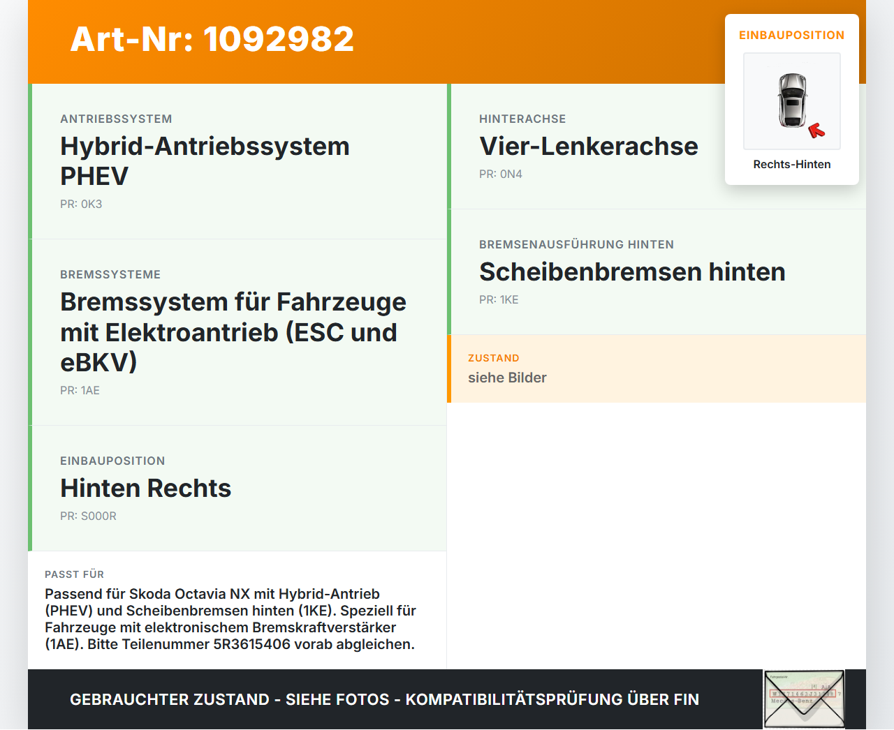 Skoda Octavia IV NX 20-24 Hybrid TSI iV 1,4 110KW Stellmotor Parkbremse Bremssattel Hinten Rechts Skoda Octavia IV... Vorschau 3
