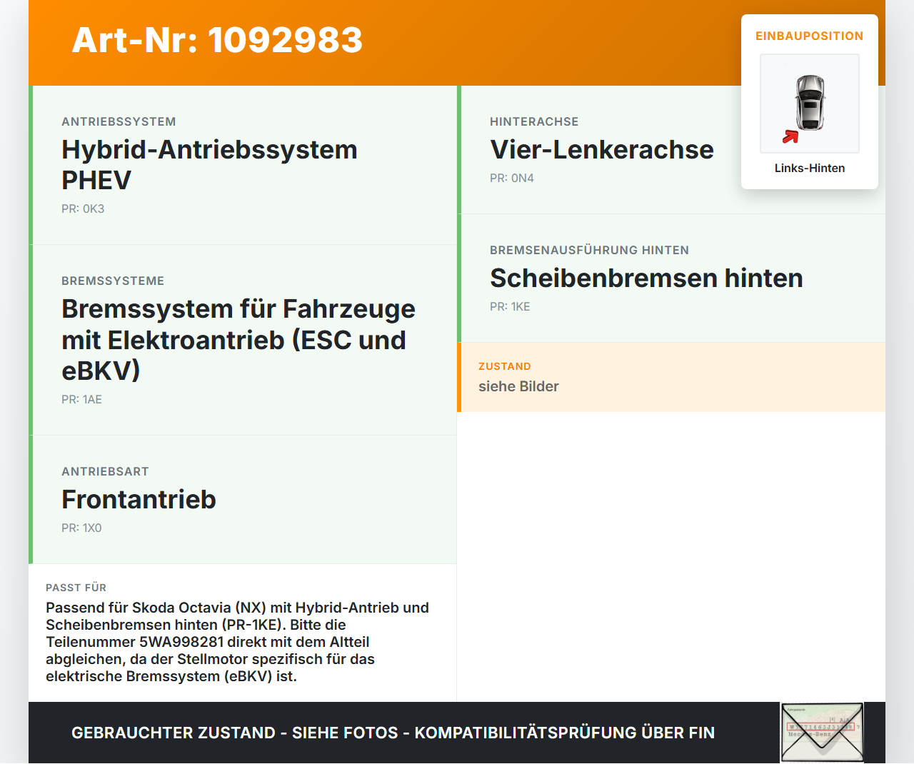 Skoda Octavia IV NX 20-24 Hybrid TSI iV 1,4 110KW Stellmotor Parkbremse Bremssattel Hinten Links Skoda Octavia IV... Vorschau 3