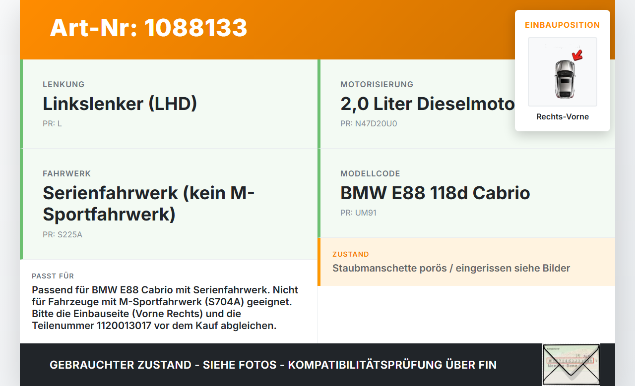 BMW E88 120d LCI 08-11 Cabrio Stossdämpfer Federbein Vorne Rechts BMW E88 120d LCI 08-11 11.03.2010 1120013017 gebraucht Vorschau 3