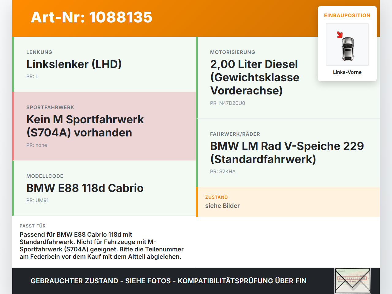 BMW E88 120d LCI 08-11 Cabrio Stossdämpfer Federbein Vorne Links BMW E88 120d LCI 08-11 11.03.2010 gebraucht Vorschau 3