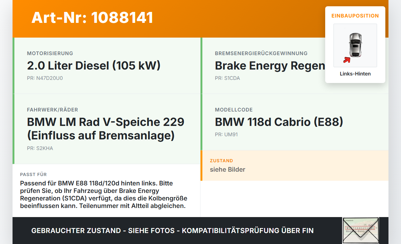 BMW E88 120d LCI 08-11 2,0d 105KW Bremssattel Bremszange Hinten Links BMW E88 120d LCI 08-11 11.03.2010 gebraucht Vorschau 3