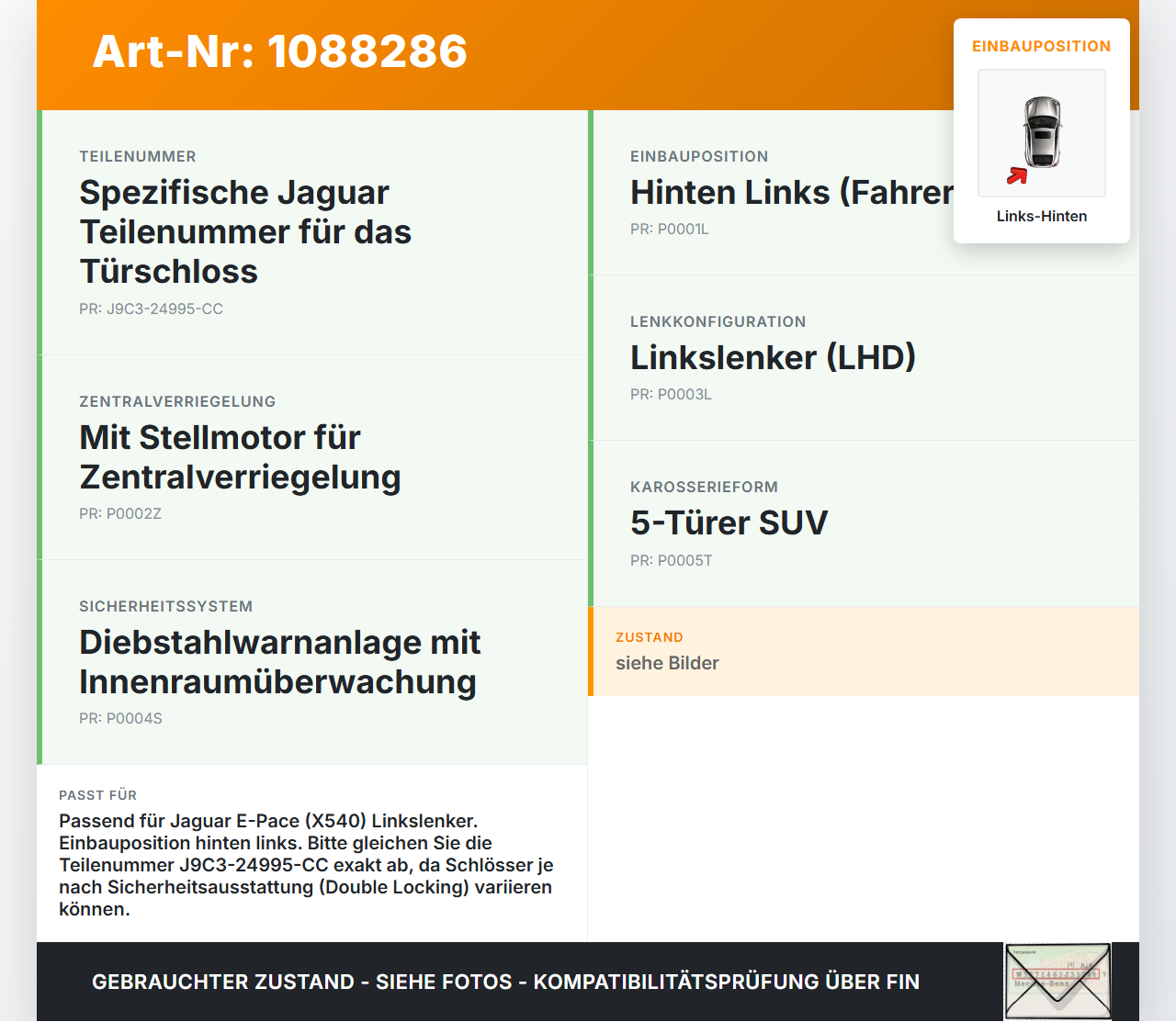 Jaguar E-Pace X540 Türschloss m. ZV Stellmotor Links Hinten Jaguar E-Pace X540 19.08.2019 J9C3-24995-CC gebraucht Vorschau 3