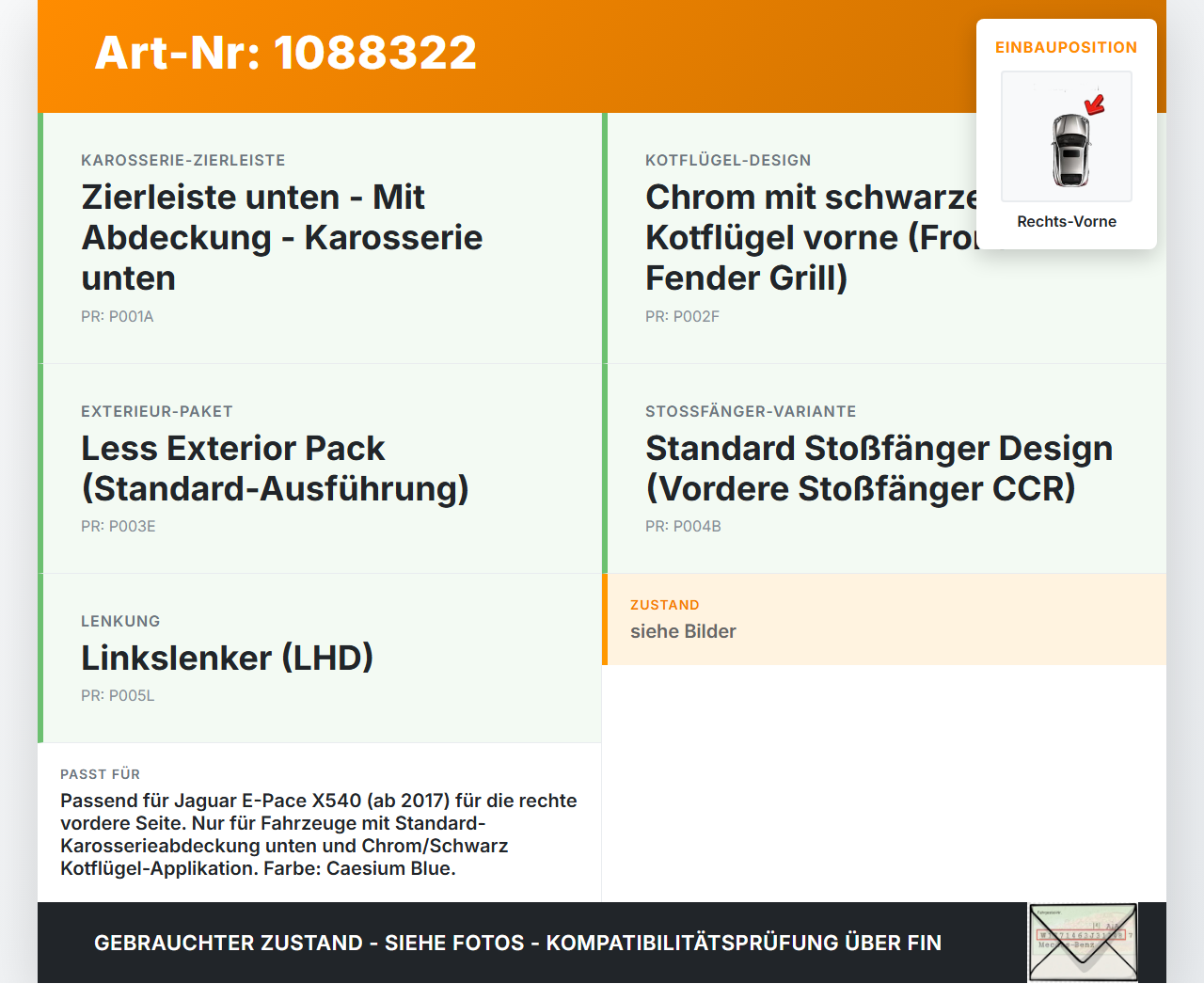 Jaguar E-Pace X540 Leiste Zierleiste für Kotflügel Rechts Vorne JHK Jaguar E-Pace X540 19.08.2019 gebraucht Vorschau 3