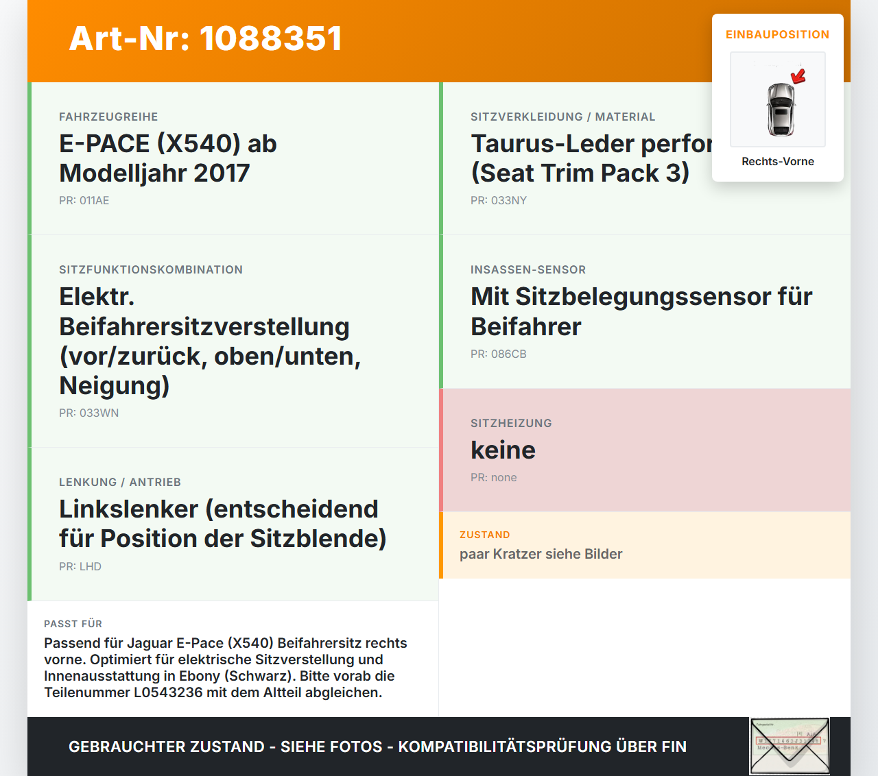 Jaguar E-Pace X540 Abdeckung Blende für Sitz Beifahrersitz Rechts Vorne Jaguar E-Pace X540 19.08.2019... Vorschau 3