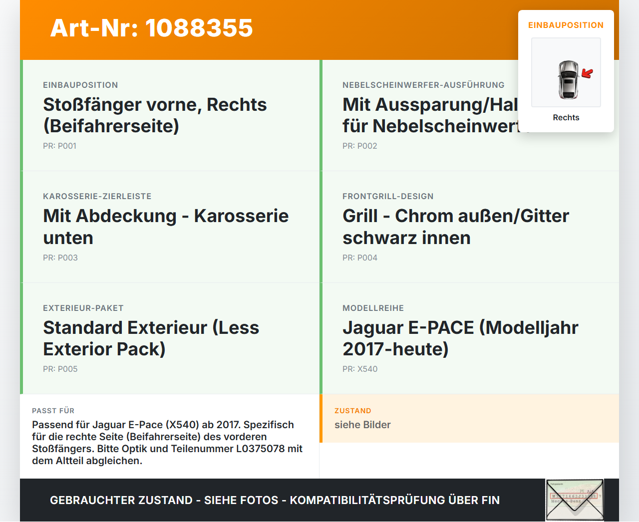 Jaguar E-Pace X540 Blende für Nebelscheinwerfer Stoßstange Rechts Jaguar E-Pace X540 19.08.2019 GX73-600B12-CA... Vorschau 3