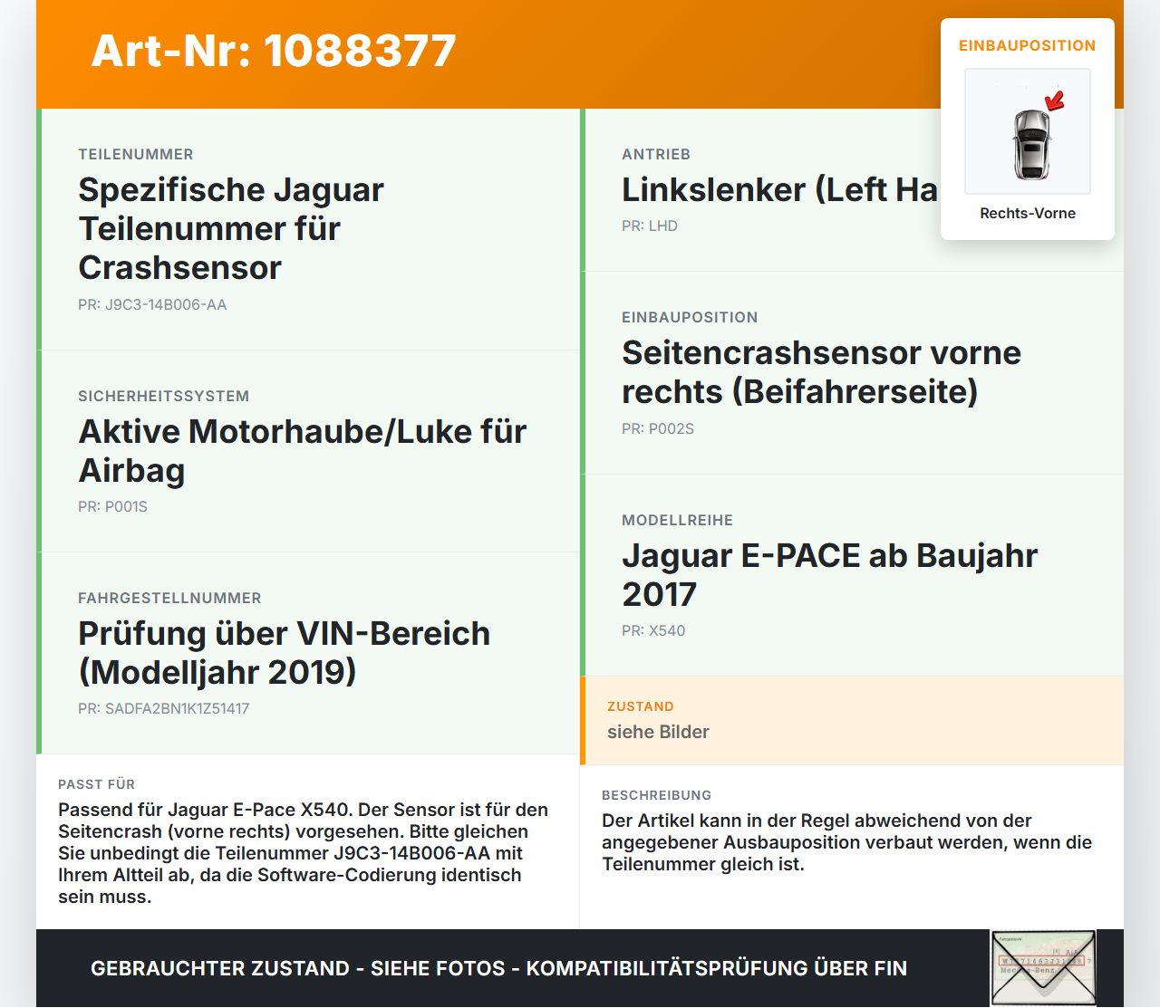 Jaguar E-Pace X540 Airbagsensor Crashsensor Seitenairbag Sensor Crash Sensor Rechts Vorne Jaguar E-Pace X540... Vorschau 3