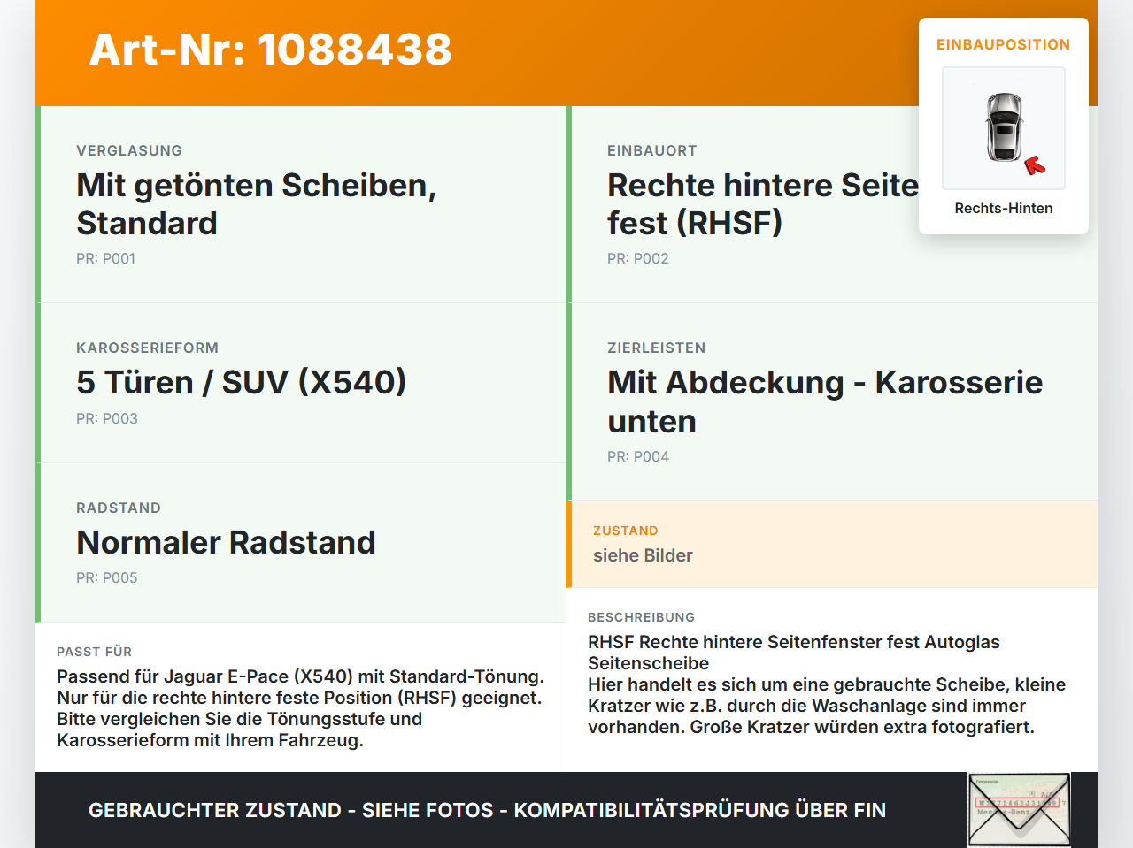 Jaguar E-Pace X540 Seitenscheibe Feste Scheibe Rechts Hinten Jaguar E-Pace X540 19.08.2019 gebraucht Vorschau 3