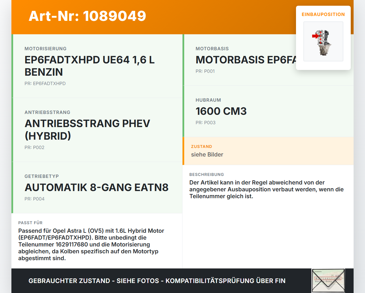 Opel Astra L 21-26 Hybrid 1,6 132KW EP6FADT Kolben mit Pleuel Pos C Opel Astra L 21-26 27.04.2023 1629117680 gebraucht Vorschau 3