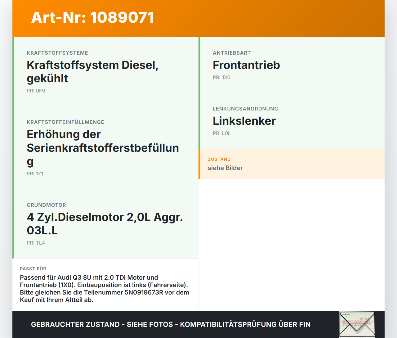 Audi Q3 8U 11-14 TDI 2,0 100KW Tankgeber Tankeinheit Audi Q3 8U 11-14 25.04.2013 5N0919673R gebraucht Vorschau 3