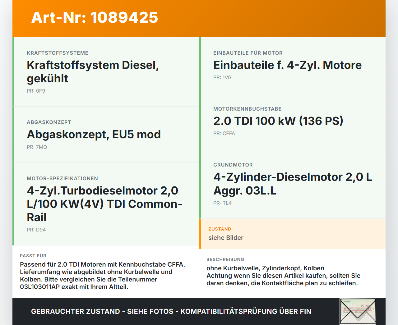 Audi Q3 8U 11-14 TDI 2,0 100KW CFFA Motorblock für Motor Audi Q3 8U 11-14 25.04.2013 03L103011AP gebraucht Vorschau 3