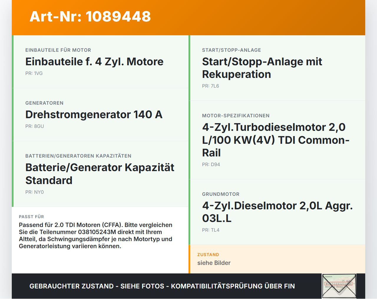 Audi Q3 8U 11-14 TDI 2,0 100KW CFFA Riemenscheibe Audi Q3 8U 11-14 25.04.2013 038105243M 038105243 gebraucht Vorschau 3