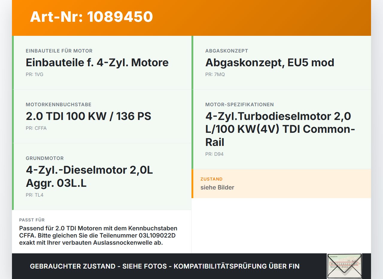 Audi Q3 8U 11-14 TDI 2,0 100KW CFFA Nockenwelle Auslass Audi Q3 8U 11-14 25.04.2013 03L109022D 03L115E gebraucht Vorschau 3