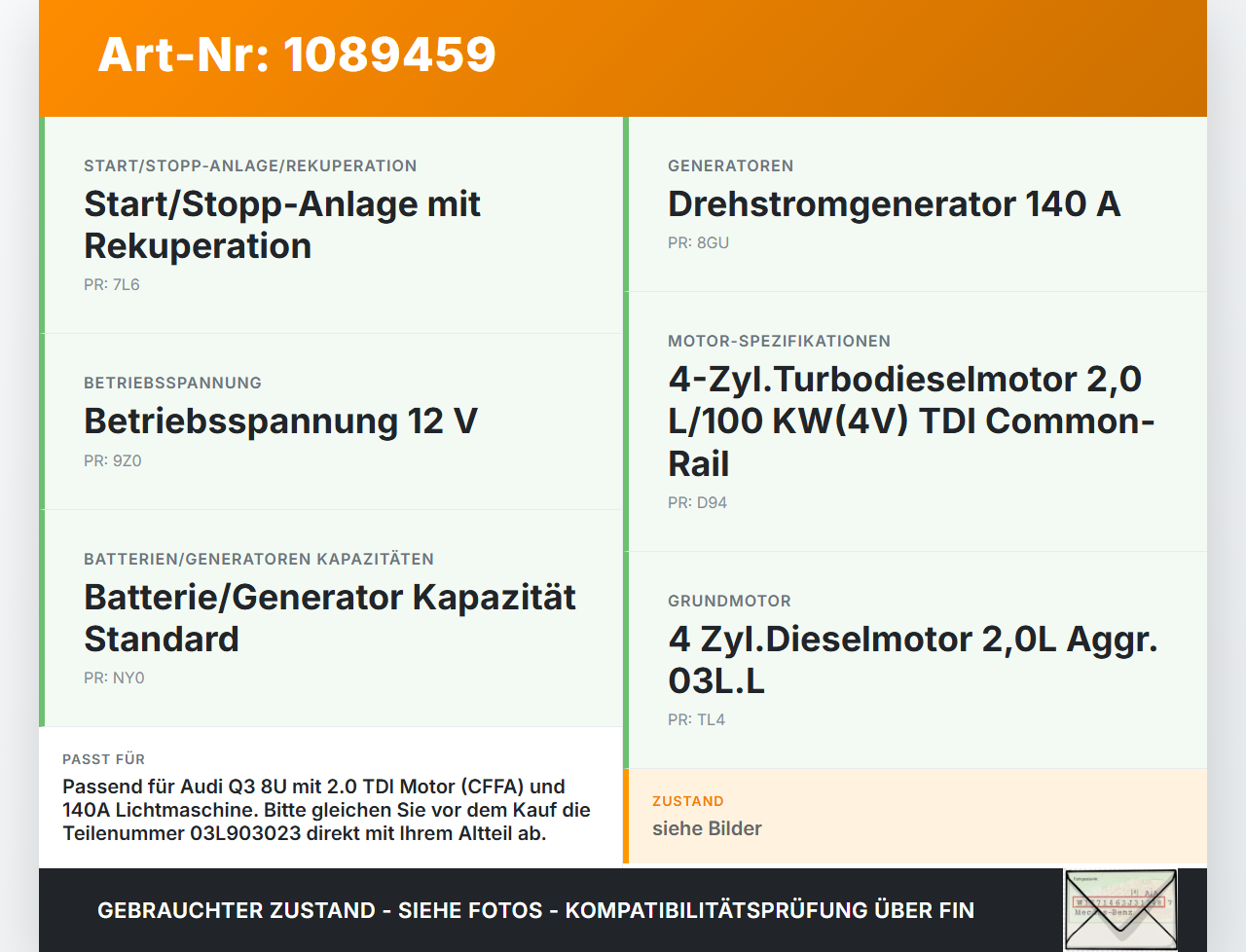 Audi Q3 8U 11-14 TDI 2,0 100KW Lichtmaschine Generator 140A Audi Q3 8U 11-14 25.04.2013 03L903023 gebraucht Vorschau 3