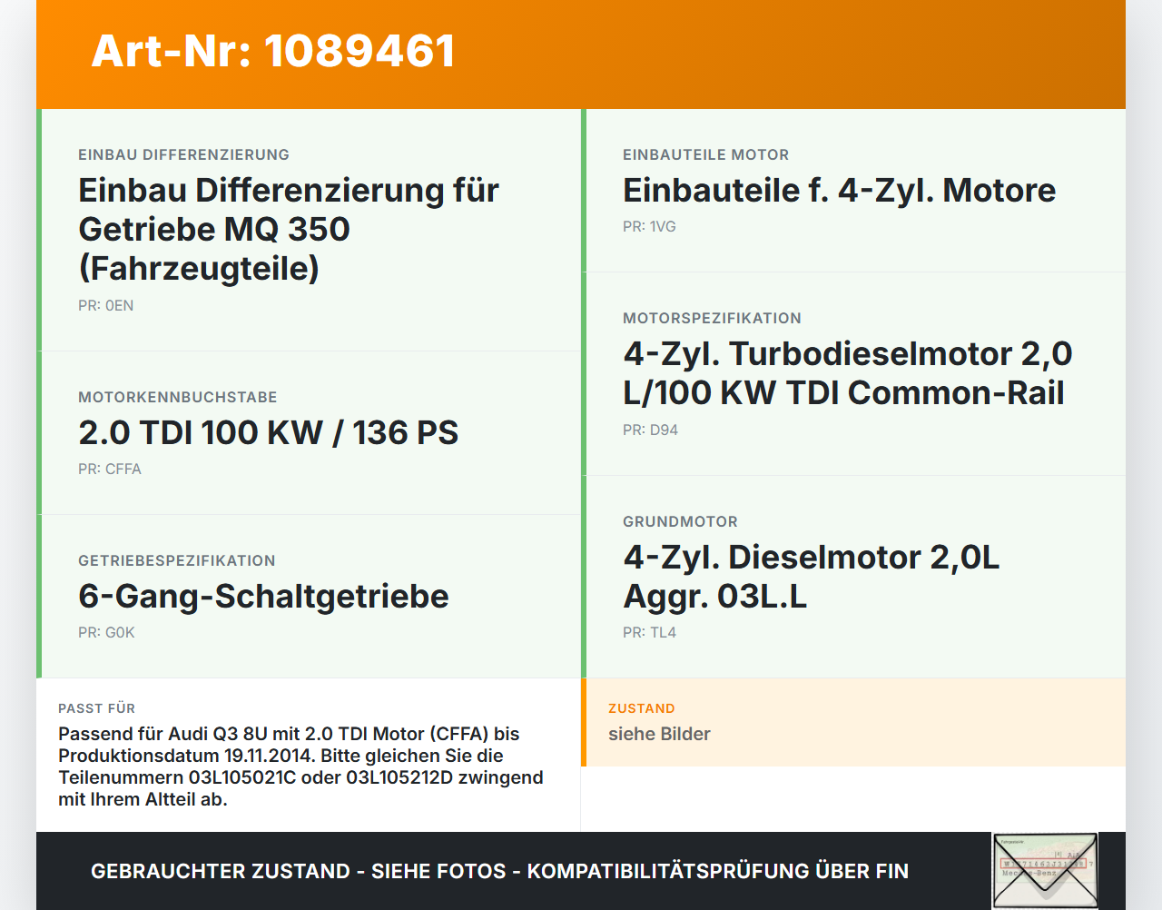 Audi Q3 8U 11-14 TDI 2,0 100KW CFFA Kurbelwelle Audi Q3 8U 11-14 25.04.2013 03L105021C 03L105212D gebraucht Vorschau 3